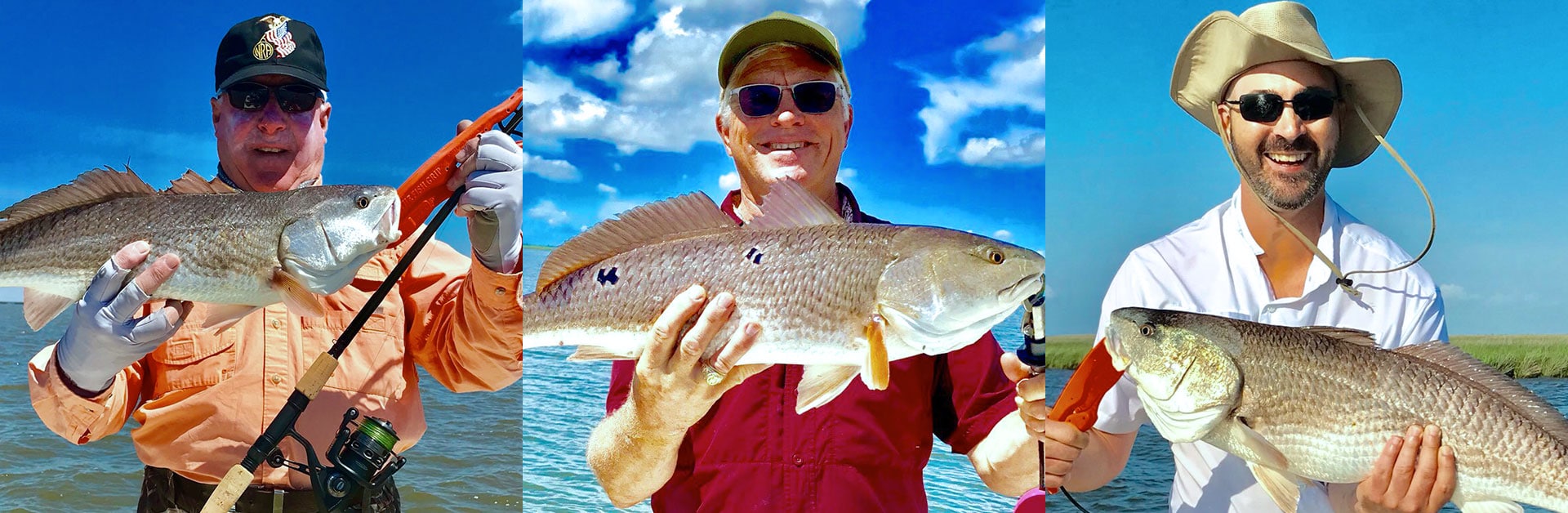 three men after their fishing Outings with fish on a Whiskey bayou charter