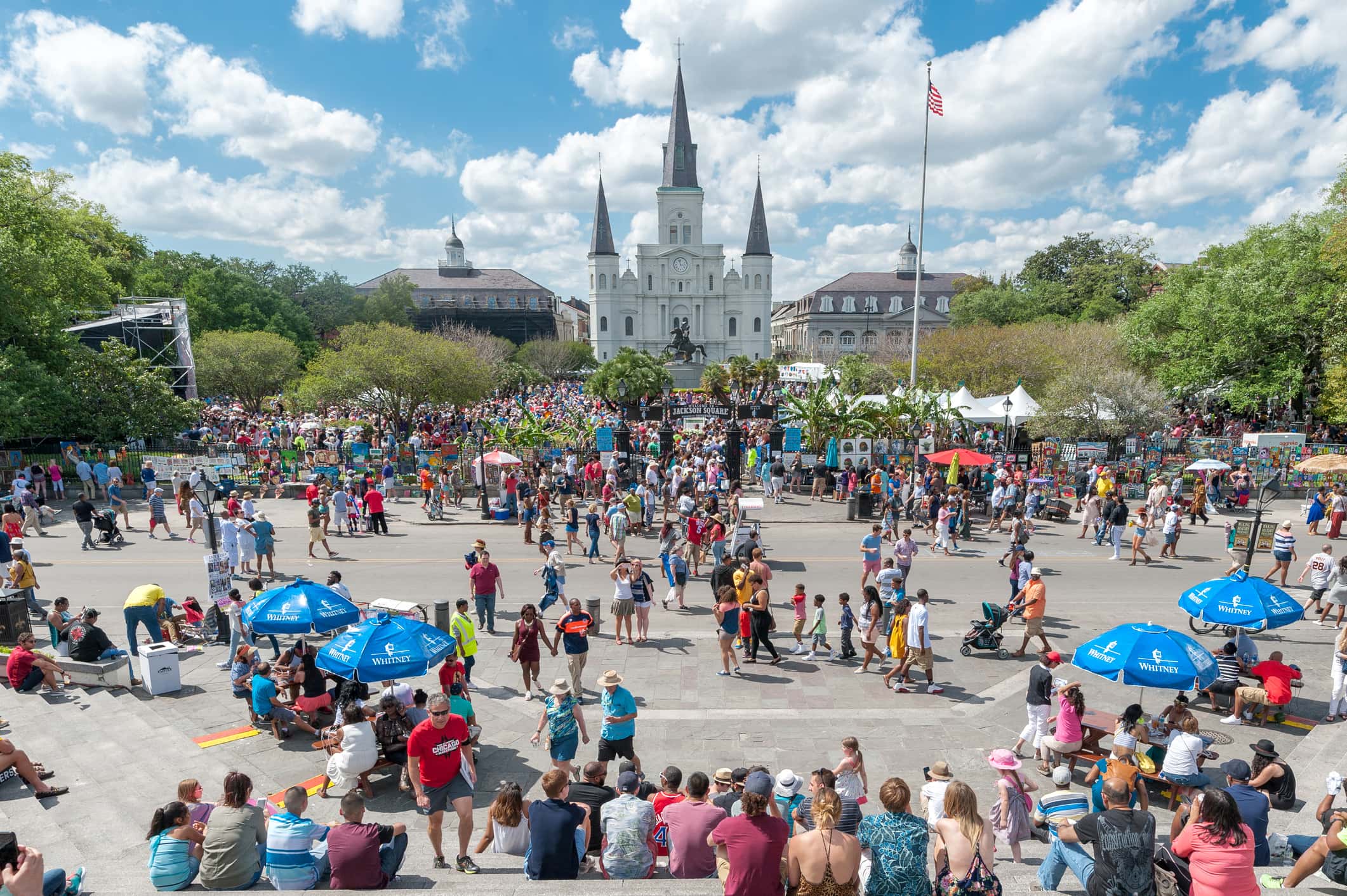 Jackson Square in New Orleans and Catheral with People During the French Quarter Festival