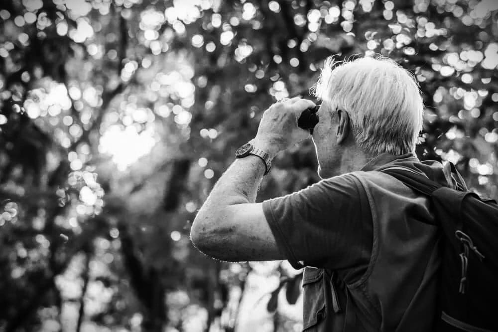 Looking for Swamp monsters Black and white photo of a man with binoculars looking into the forrest
