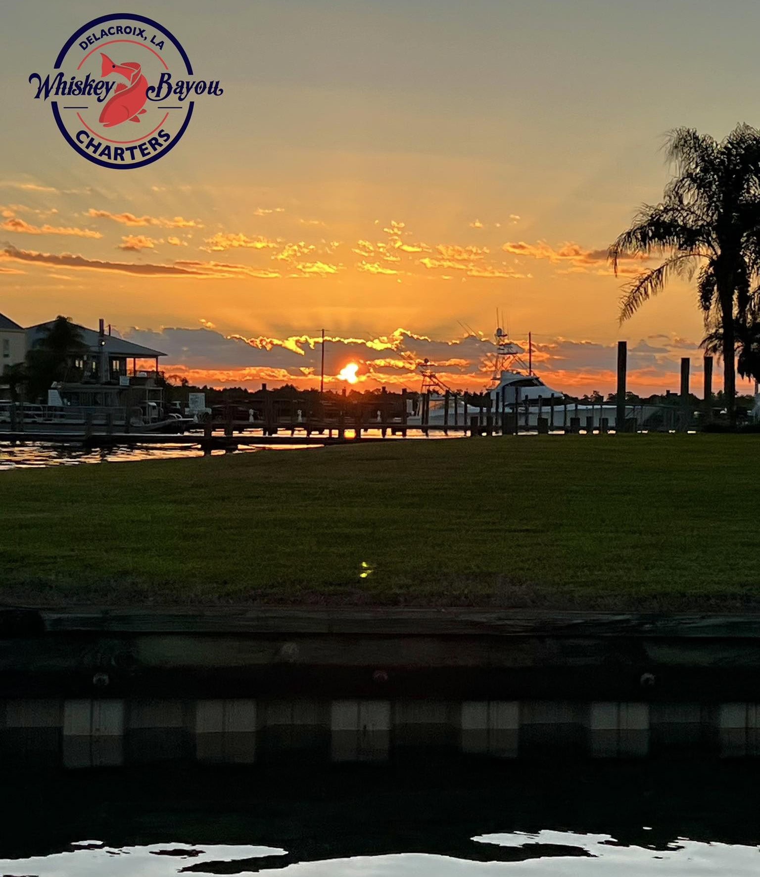A heavily silhouetted dock area backlit by a little, bright, orange rising sun