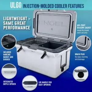 Product ad for UL60 cooler. Features a white cooler, open to show compartments inside.