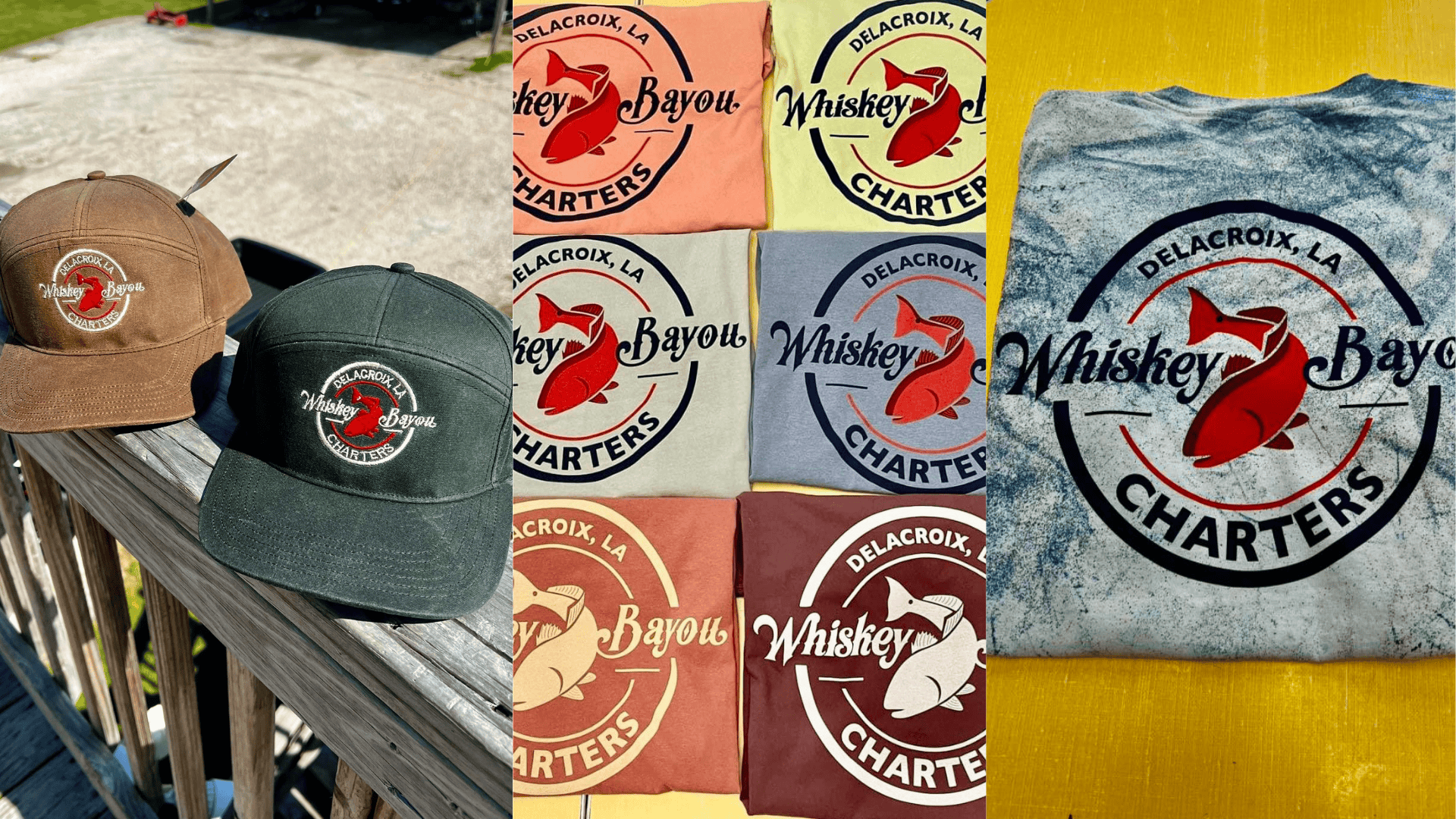 Collage of whiskey bayou brand shirts and hats
